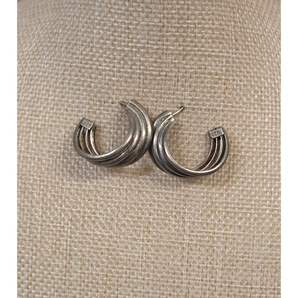 Vintage Sterling Silver Layered Ribbed Hoop Earrings 925 - Picture 2 of 7